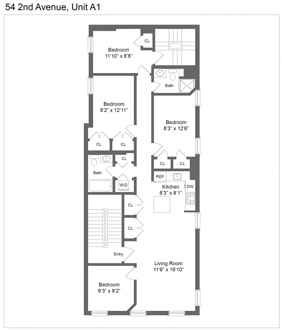 Floor plan for 4 beds, 2 baths, 1172 sqft